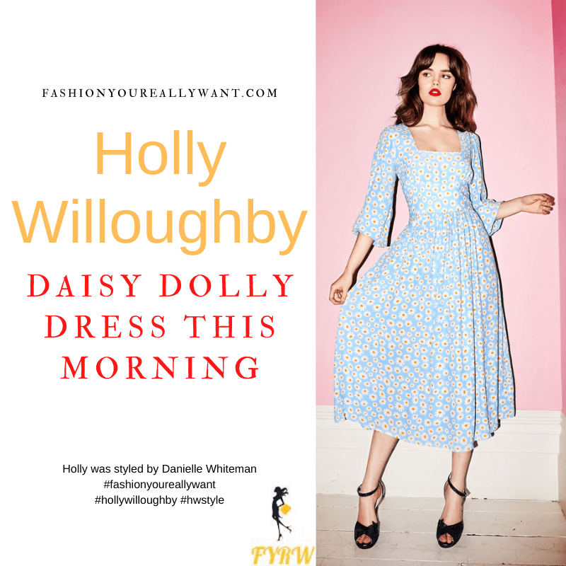 Where to get all Holly Willoughby This Morning outfits dresses blog March 2022 blue daisy square neck midi dress nude suede court shoes