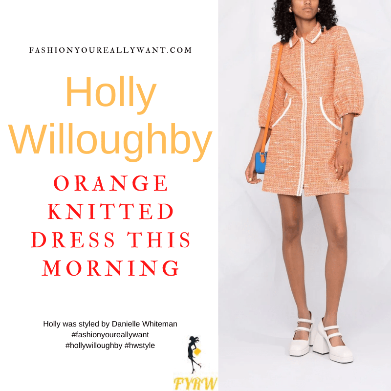 Where to get all Holly Willoughby This Morning outfits dresses blog March 2022 orange knitted white edging mini dress nude suede court shoes