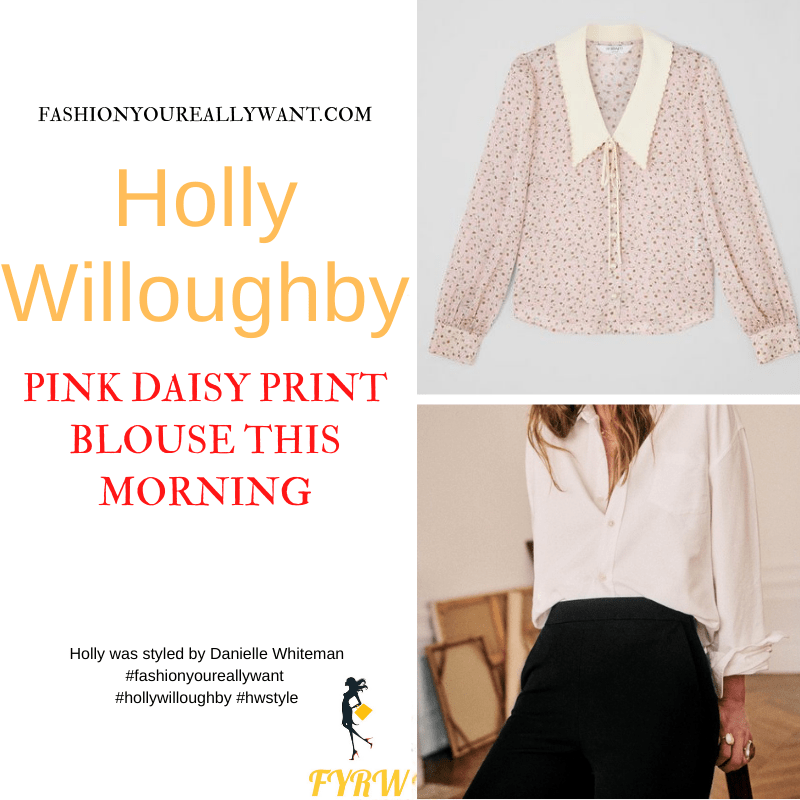 Where to get all Holly Willoughby This Morning outfits dresses blog March 2022 pink floral pearl button scallop collar blouse slim black trousers black suede court shoes.