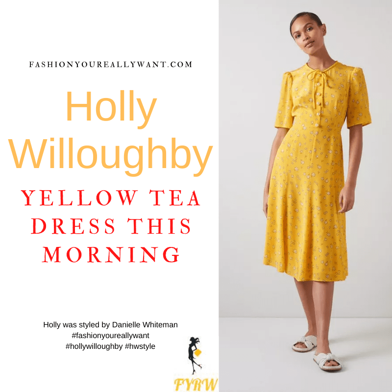 Where to get all Holly Willoughby This Morning outfits dresses blog March 2022 yellow print tie neck pearl button short sleeve midi dress nude suede court shoes