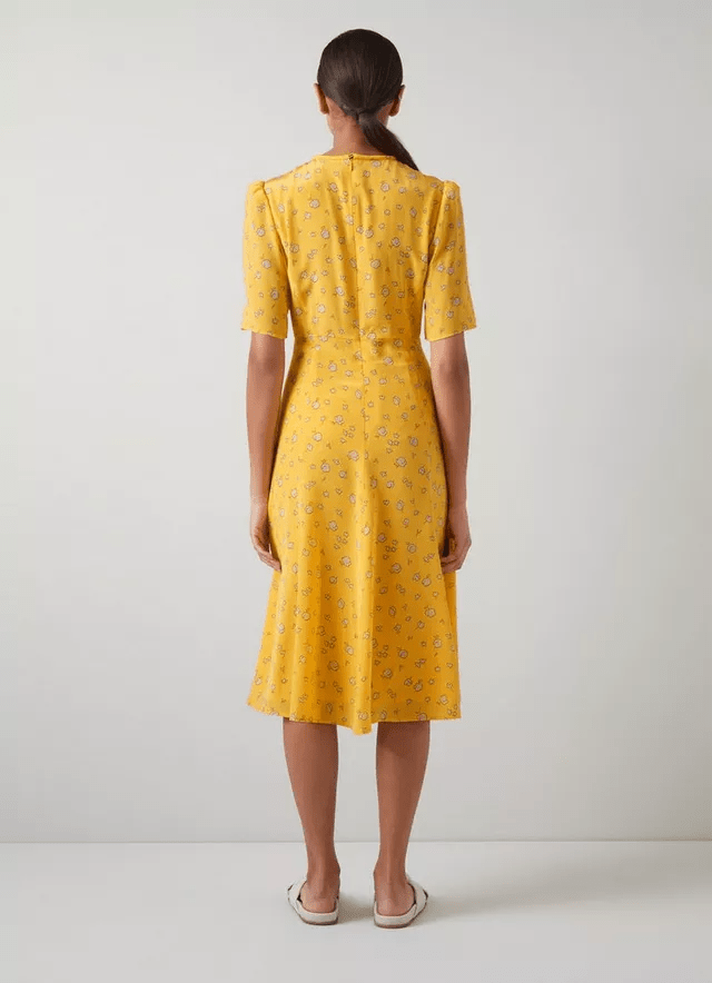 LK Bennett Montana Yellow Naive Floral Print Silk Tea Dress back view