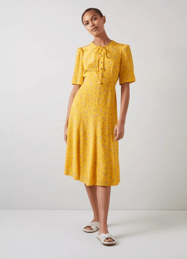 LK Bennett Montana Yellow Naive Floral Print Silk Tea Dress
