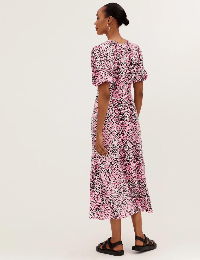M&amp;S Animal Print Puff Sleeve Midaxi Tea Dress back view