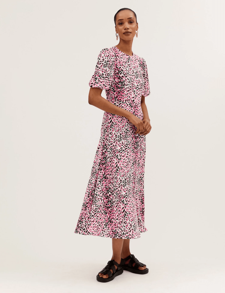 M&amp;S Animal Print Puff Sleeve Midaxi Tea Dress
