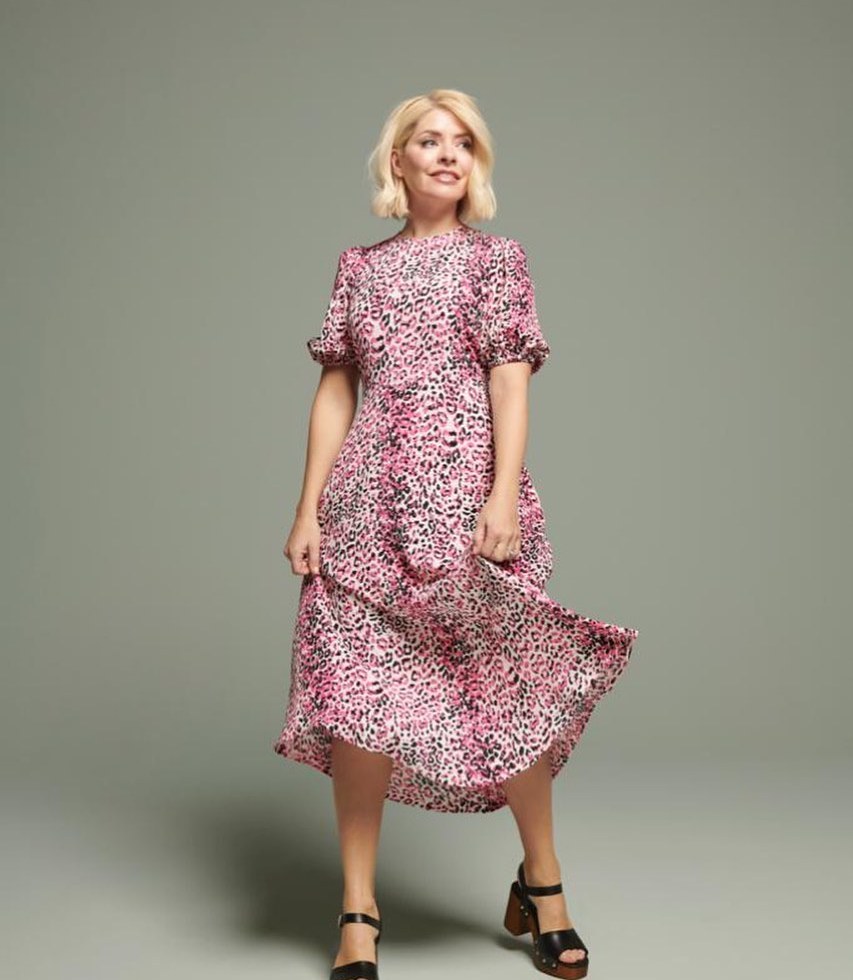 where to get all Holly Willoughby dresses pink animal print puff sleeve midi dress black platform sandals 19 March 2022 Photo M&S