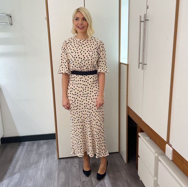 where to get all Holly Willoughby This Morning dresses cream off white polka dot midi dress black suede court shoes 10 March 2022 Photo Holly Willoughby