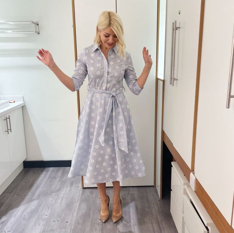 where to get all Holly Willoughby This Morning dresses pale blue and hite floral daisy daisy midi dress nude suede court shoes 24 March 2022 Photo Holly Willoughby