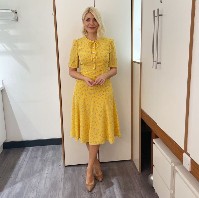 where to get all Holly Willoughby This Morning dresses yellow print midi tea dress nude suede court shoes 31 March 2022 Photo Holly Willoughby