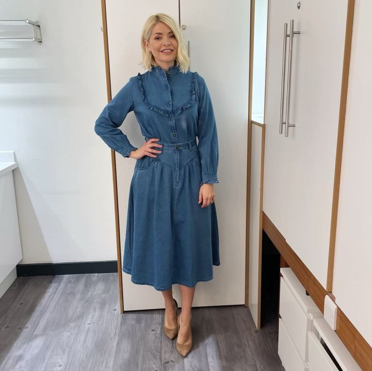 where to get all Holly Willoughby This Morning outfits blue denim ruffle shirt denim midi skirt nude suede court shoes 28 March 2022 Photo Holly Willoughby