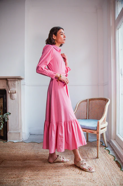 Beulah London Nalini Cropped Pink corduroy Midi Dress v2