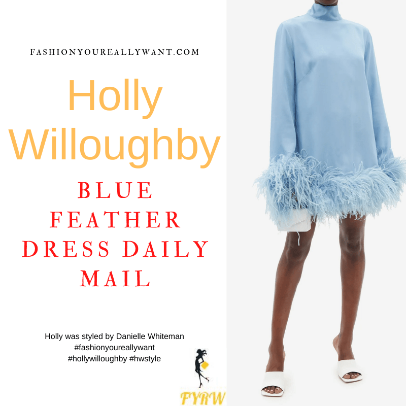 Where to get all Holly Willoughby outfits dresses blog April 2022 blue floral angel sleeve dress blue high neck feather trim dress white striped halter shirt The Daily Mail Weekend