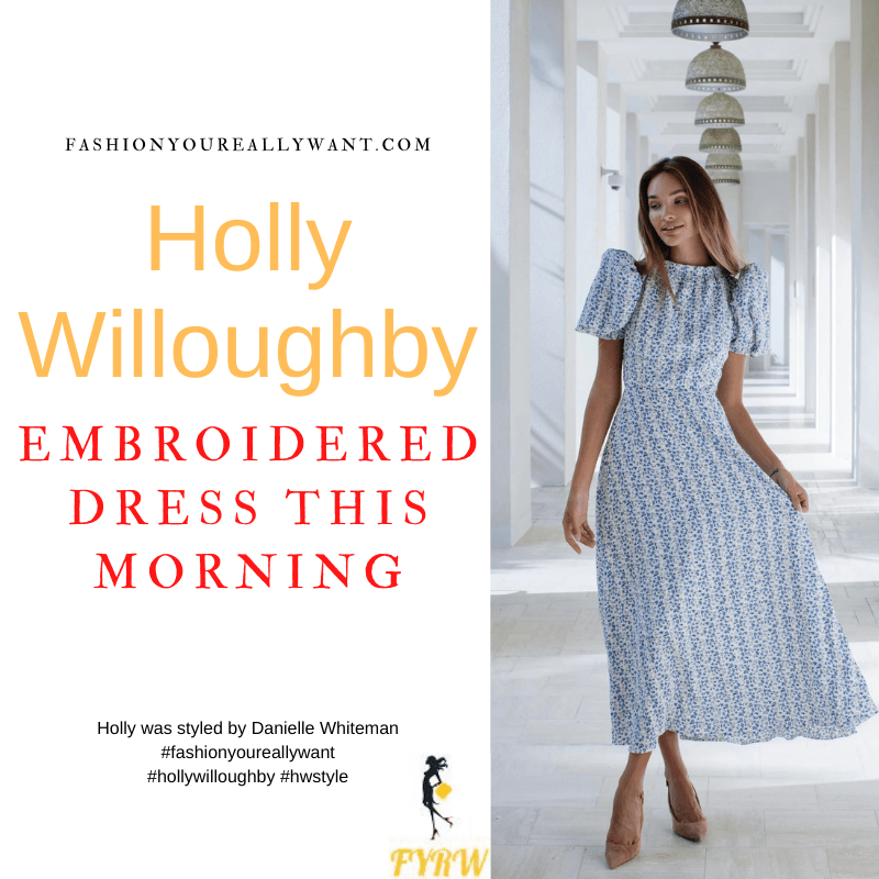 Where to get all Holly Willoughby This Morning outfits dresses blog April 2022 white bue embroidered puff sleeve midi dress nude suede court shoes
