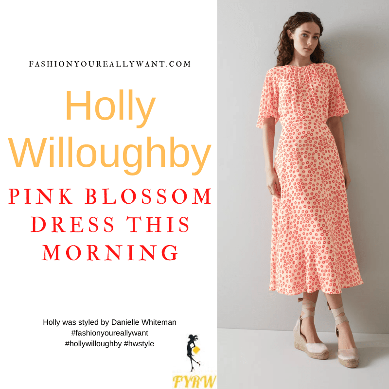 Where to get all Holly Willoughby This Morning outfits dresses blog April 2022 pink blossom angel flutter sleeve midi dress nude suede court shoes