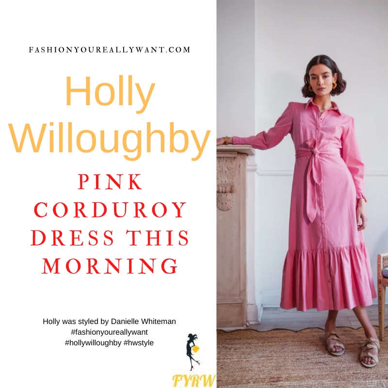 Where to get all Holly Willoughby This Morning outfits dresses blog April 2022 pink corduroy long sleeve button front midi dress nude suede court shoes