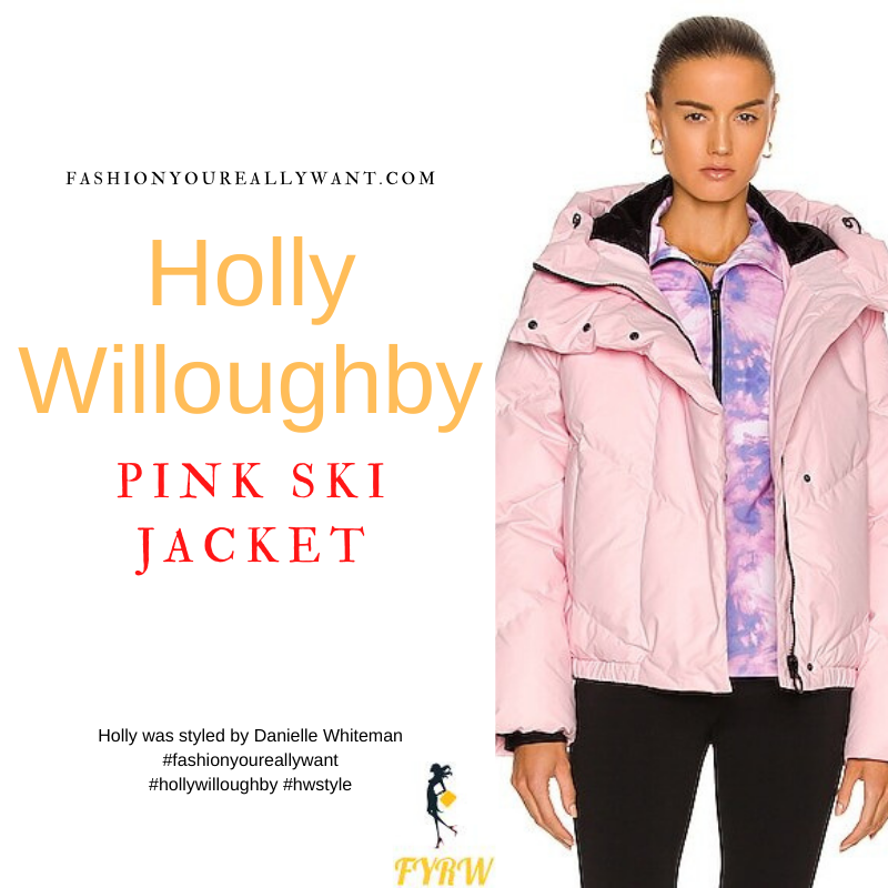 Where to get all Holly Willoughby outfits blog April 2022 pale pink ski jacket black pom pom beanie Freeze the Fear BBC