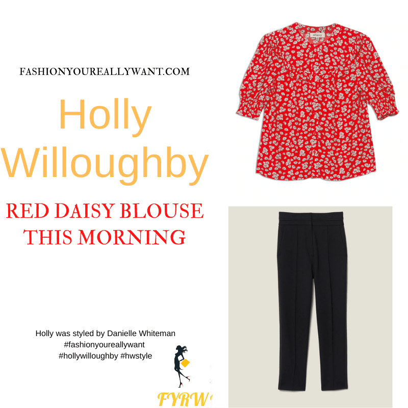 Where to get all Holly Willoughby This Morning outfits dresses blog April 2022 red daisy short sleeve blouse black trousers black suede court shoes