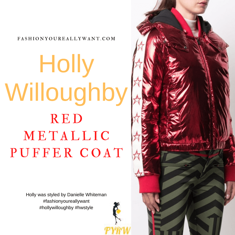Where to get all Holly Willoughby outfits blog April 2022 red metallic puffer jacket star sleeve 1977 world cup red jumper Freeze the Fear BBC