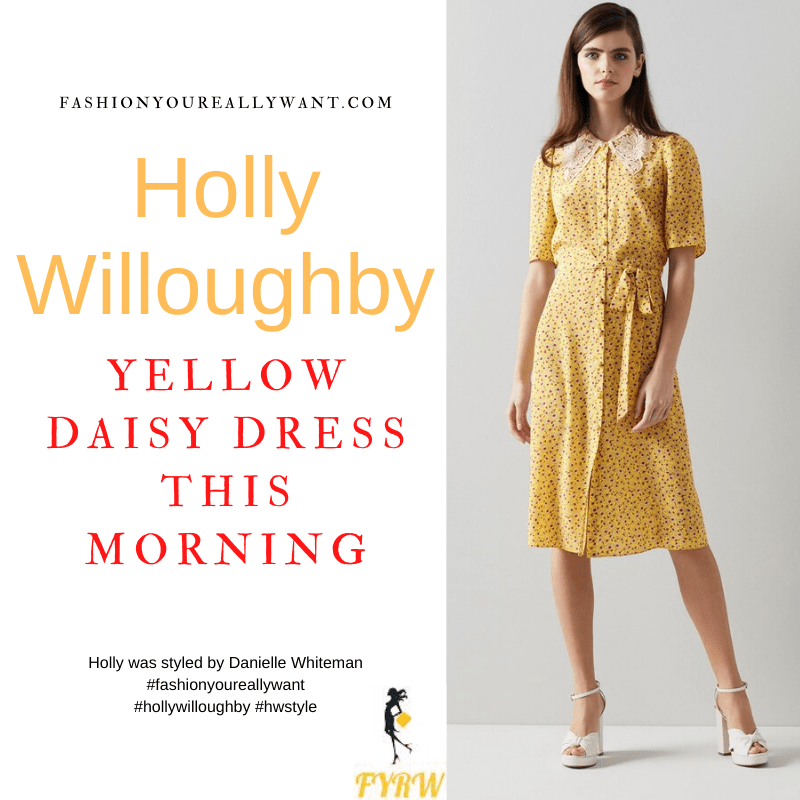Where to get all Holly Willoughby This Morning outfits dresses blog April 2022 yellow floral daisy print short sleeve lace collar pearl button midi dress nude suede court shoes