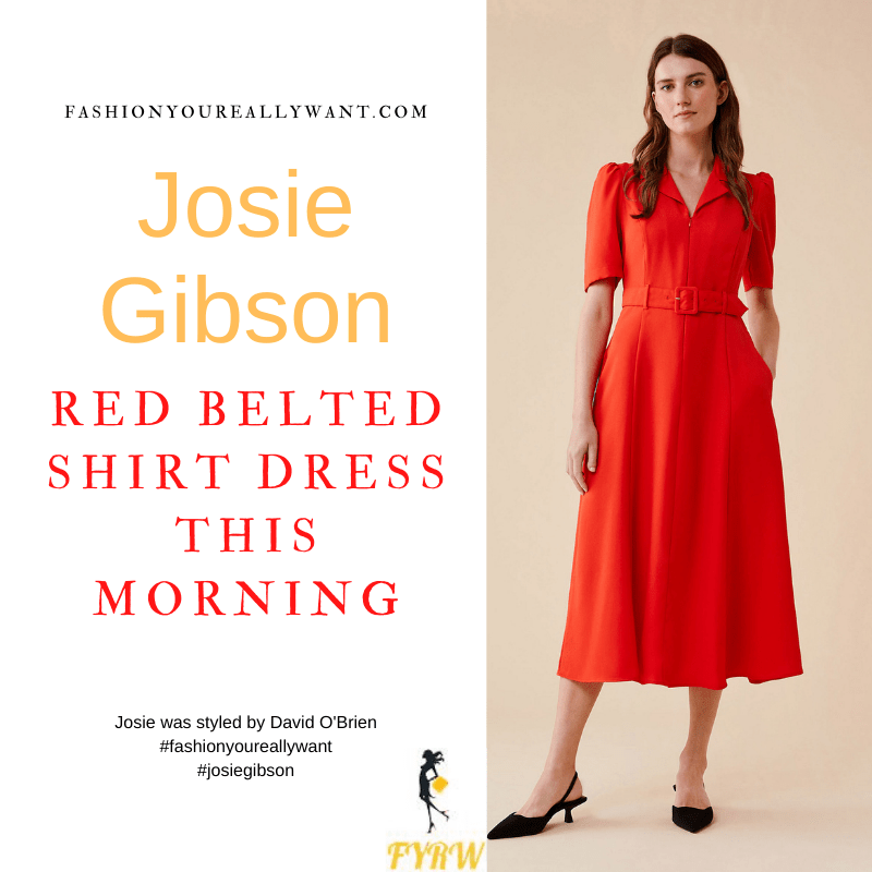Where to get all Josie Gibson This Morning outfits dresses blog April 2022 red belted short sleeve zip shirt midi dress