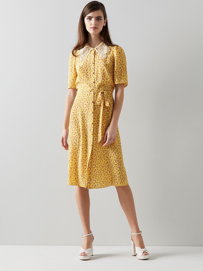 L.K.Bennett Haskell Daisy Print Lace Collar Silk Dress