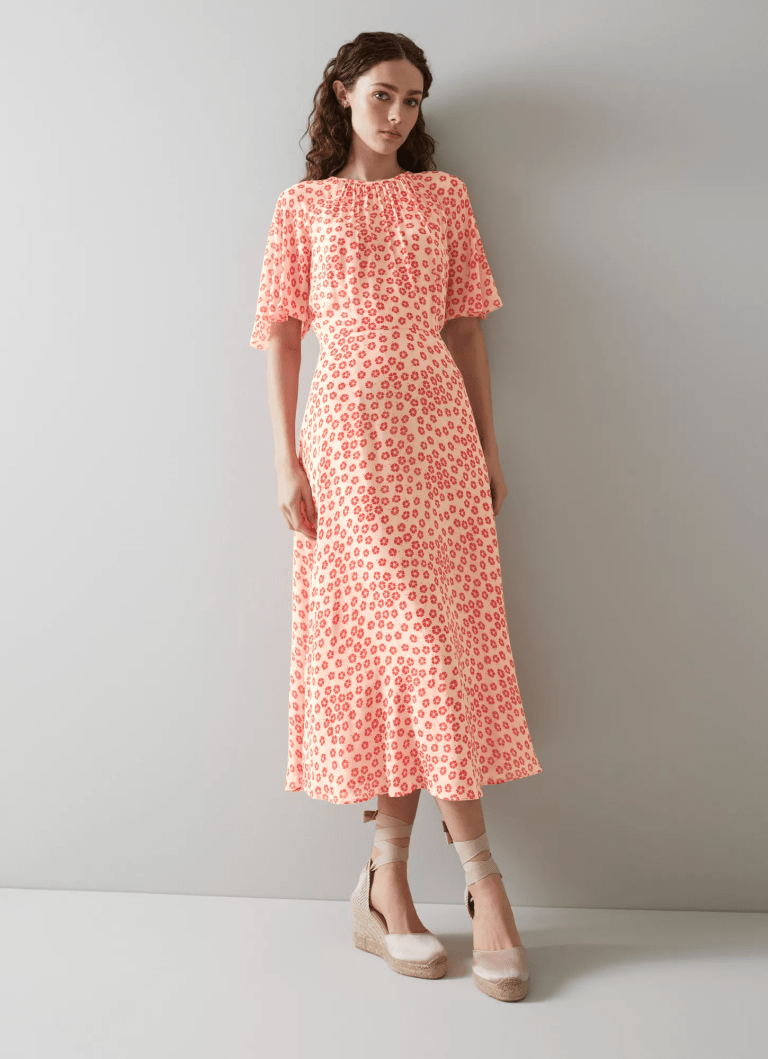 LK Bennett Elowen Pink Blossom Print Midi Dress