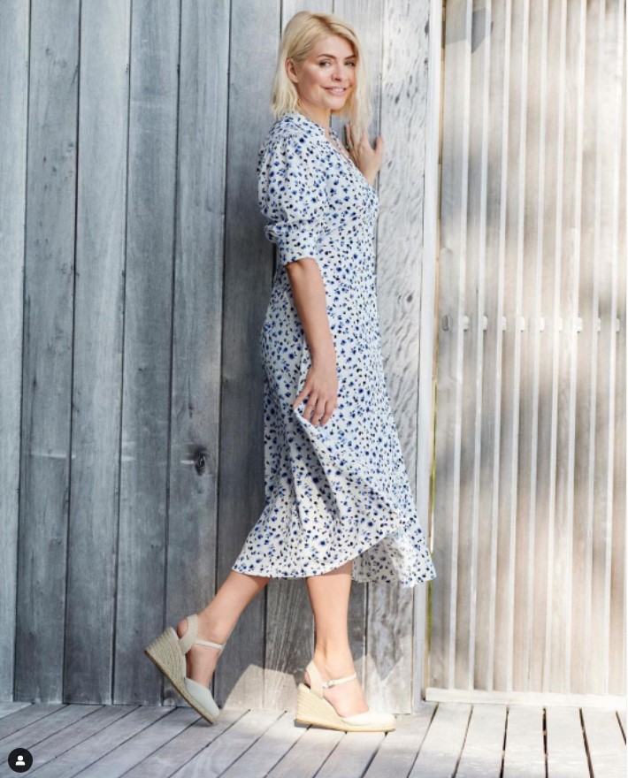 where to get all Holly Willoughby dresses ivory and blue floral shirt dress ivory espadrilles 15 April 2022 Photo Holly Willoughby