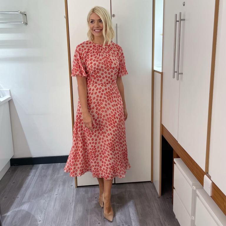 where to get all Holly Willoughby This Morning dresses pink blossom angel sleeve midi dress nude suede court shoes 21 April 2022 Photo Holly Willoughby