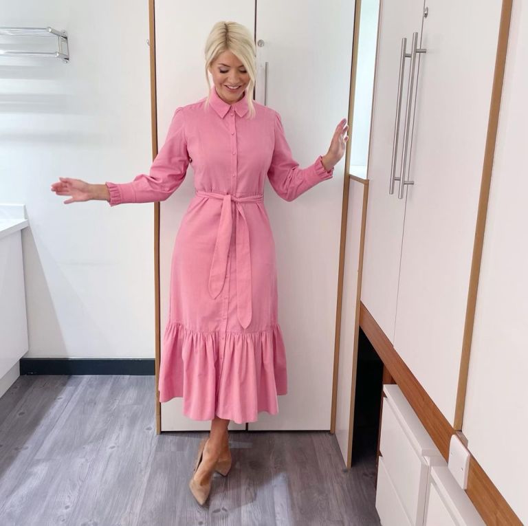 where to get all Holly Willoughby This Morning dresses pink corduroy midi dress nude suede court shoes 28 April 2022 Photo Holly Willoughby