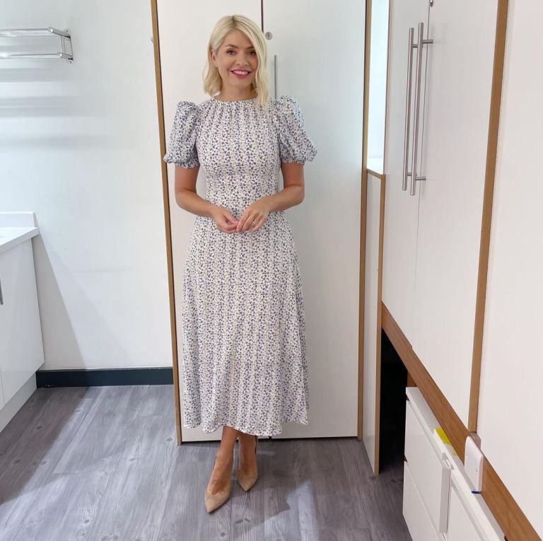 where to get all Holly Willoughby This Morning dresses white and blue embroidered puff sleeve midi dress nude suede court shoes 27 April 2022 Photo Holly Willoughby