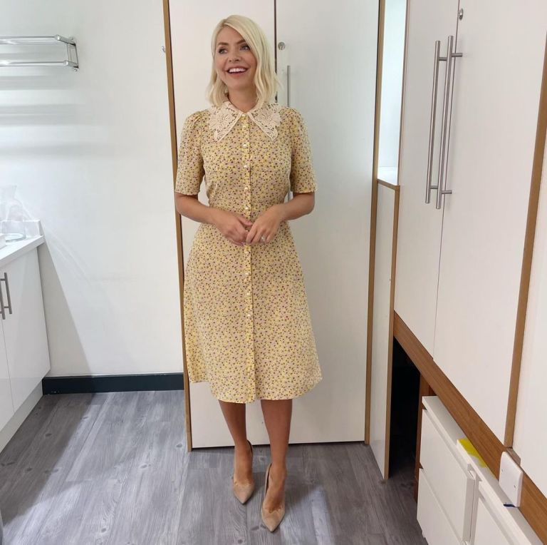 where to get all Holly Willoughby This Morning dresses yellow daisy print lace collar pearl button midi dress nude suede court shoes 26 April 2022 Photo Holly Willoughby