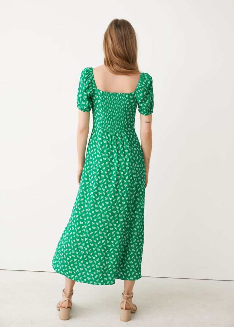 And Other Stories Flowy Puff Sleeve Midi Dress Green back view