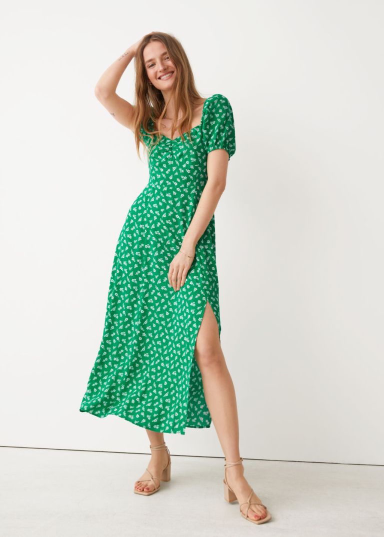 And Other Stories Flowy Puff Sleeve Midi Dress Green