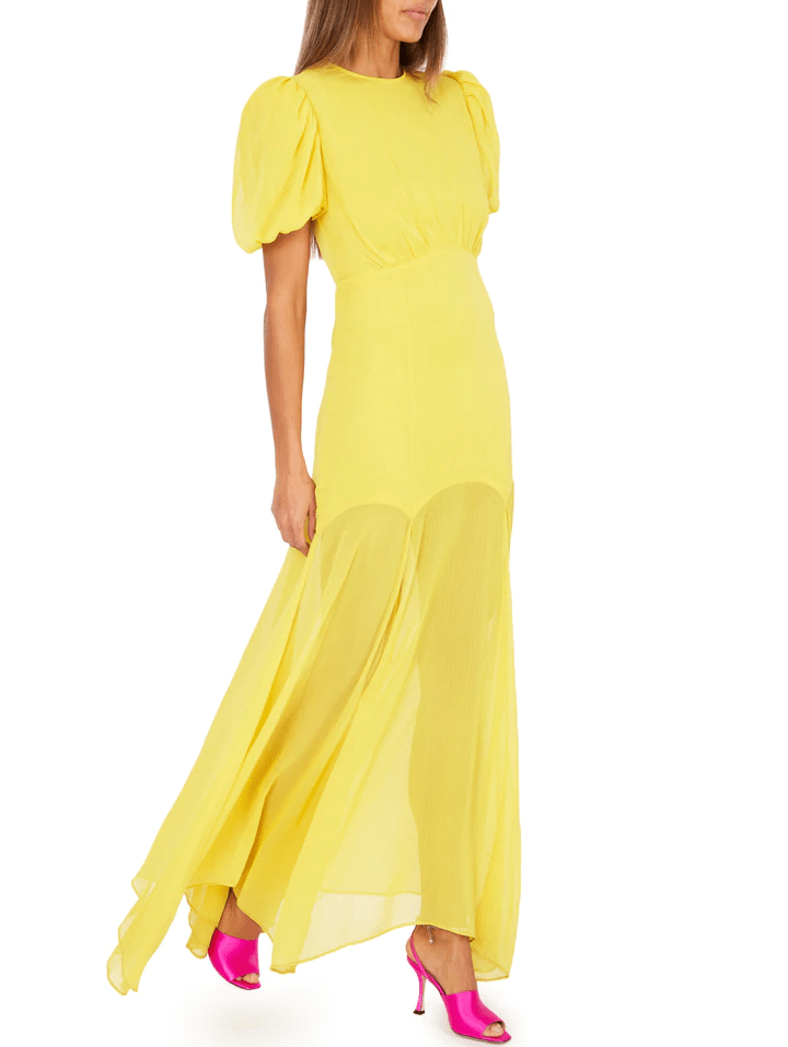 De La Vali Agua Floor Length Yellow Chiffon Dress
