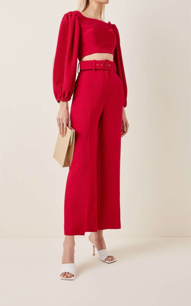 Emilia Wickstead Jana Belted Stretch-Crepe Cropped Wide-Leg Trousers