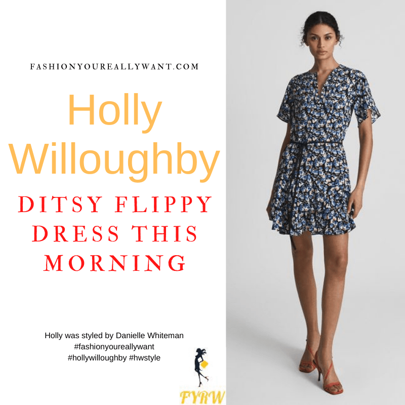 Where to get all Holly Willoughby This Morning outfits dresses blog May 2022 black white blue ditsy floral mini dress black suede sandals.