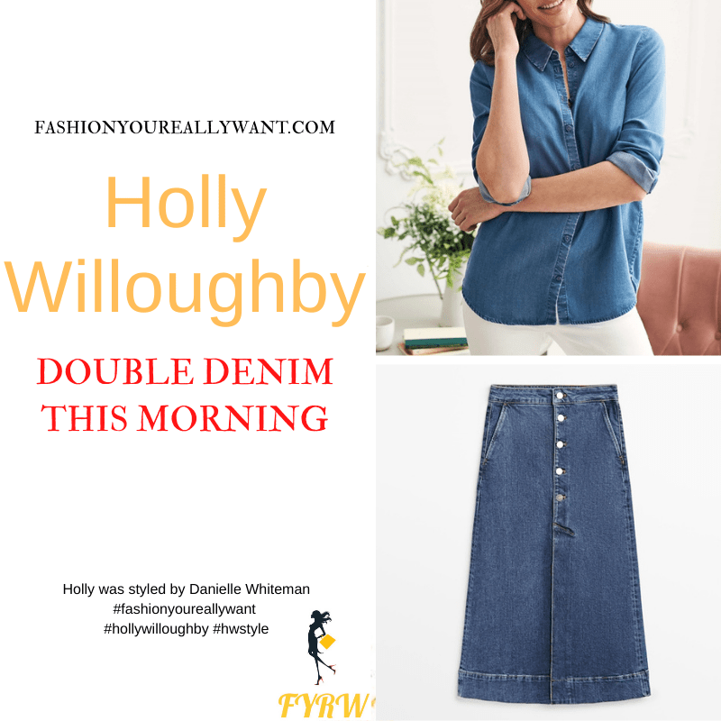 Where to get all Holly Willoughby This Morning outfits dresses blog May 2022 denim shirt denim button midi skirt rafia yellow bow heel shoes
