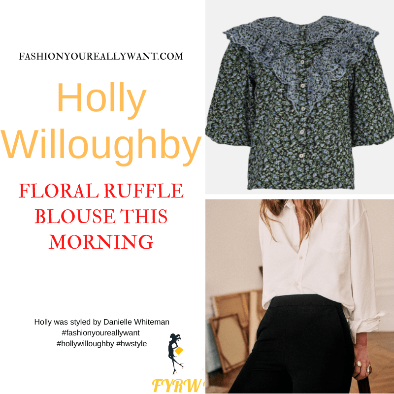 Where to get all Holly Willoughby This Morning outfits dresses blog May 2022 black and blue floral ruffle broderie bloue black cropped trousers black suede court shoes