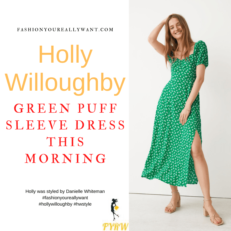 Where to get all Holly Willoughby This Morning outfits dresses blog May 2022 green floral puff sleeve midi dress nude suede sandals