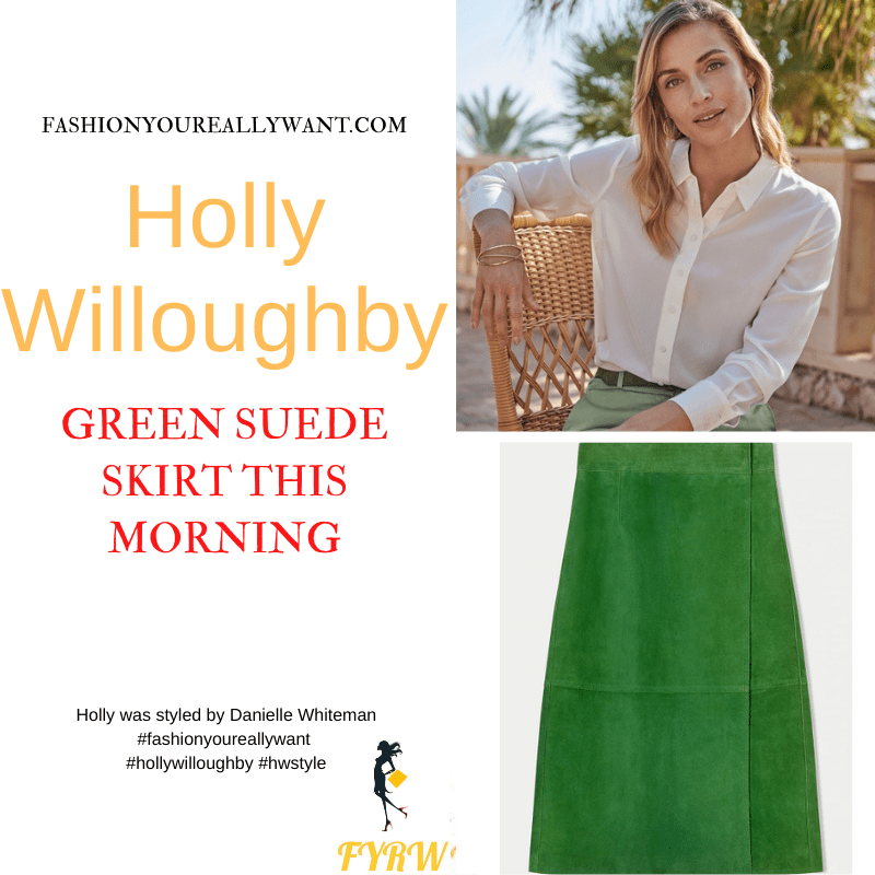 Where to get all Holly Willoughby This Morning outfits dresses blog May 2022 green suede wrap midi skirt ivory white silk shirt nude suede court shoes
