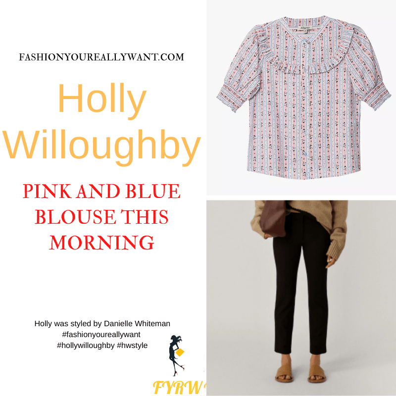 Where to get all Holly Willoughby This Morning outfits dresses blog May 2022 pink blue floral striped blouse black trousers black suede court shoes