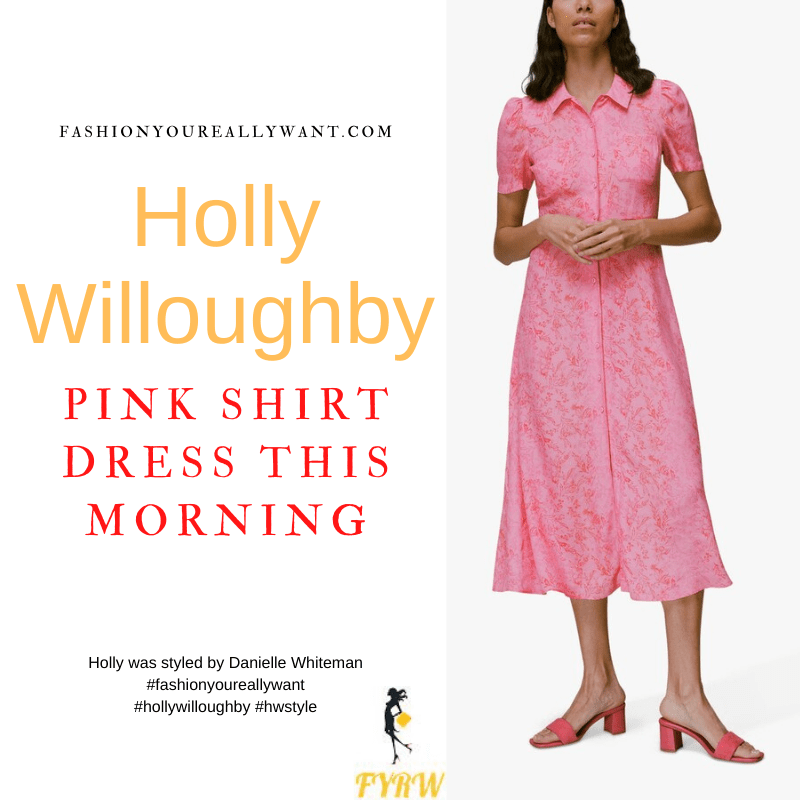Where to get all Holly Willoughby This Morning outfits dresses blog May 2022 pink floral shirt dress nude suede court shoes