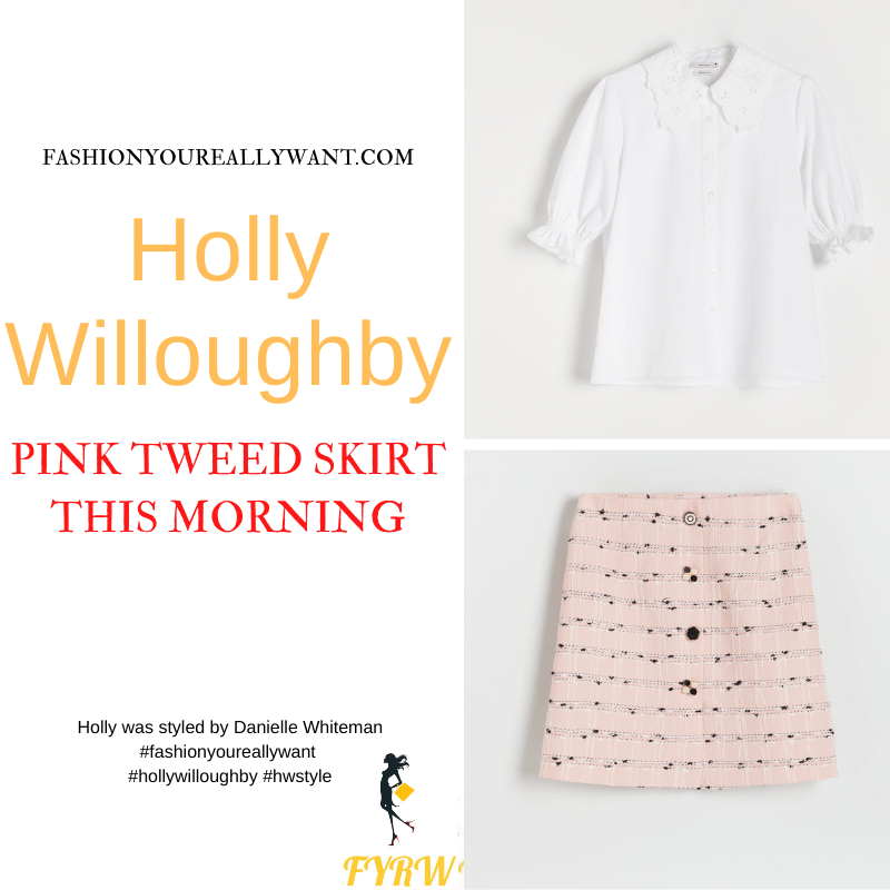 Where to get all Holly Willoughby This Morning outfits dresses blog May 2022 pink twed mini skirt white broderie anglaise collar blouse nude suede court shoes