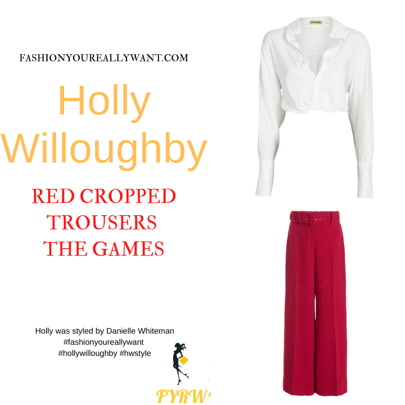 Where to get all Holly Willoughby The Games outfits dresses blog May 2022 red belted cropped trouser white satin shirt white strappy sandals red heels