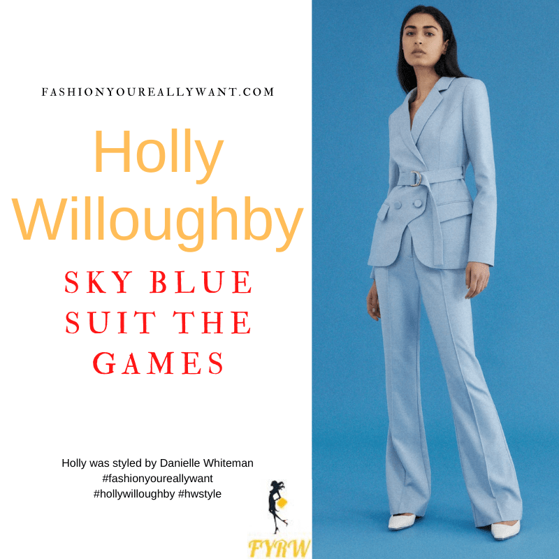 Where to get all Holly Willoughby The Games outfits dresses blog May 2022 sky blue trouser suit white sandals