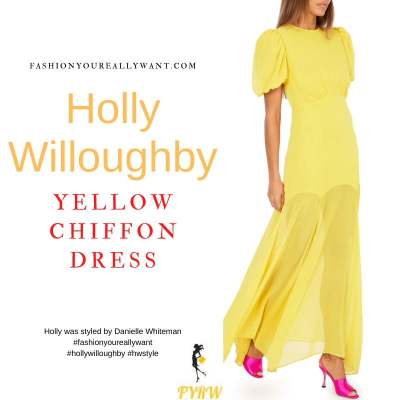 Where to get all Holly Willoughby outfits dresses blog May 2022 yellow chiffon puff sleeve dress Wylde Moon