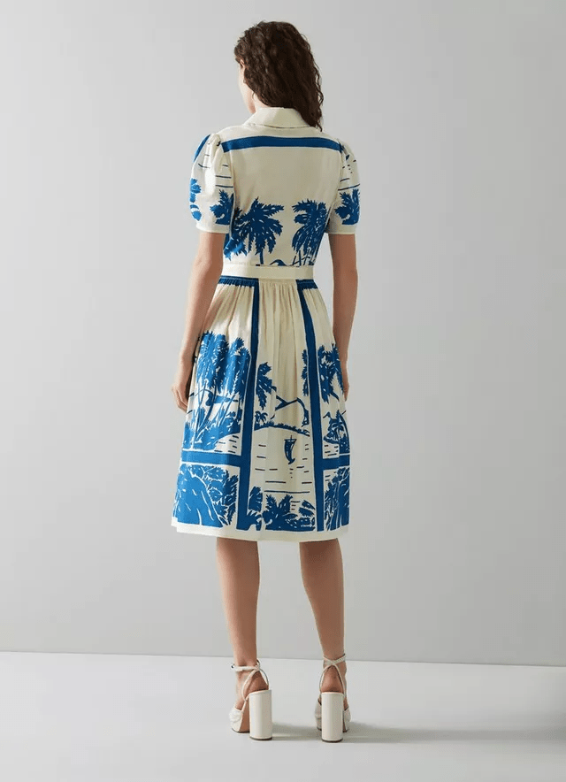 LK Bennett Fellini Blue and Cream Tropical Print Cotton Shirt Dress back view