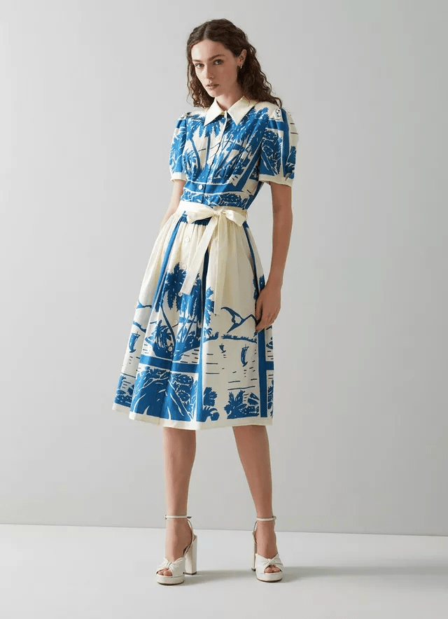 LK Bennett Fellini Blue and Cream Tropical Print Cotton Shirt Dress
