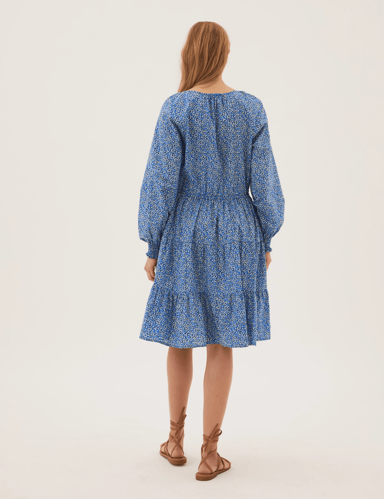 M&amp;S Pure Cotton Ditsy Floral Waisted Dress back view