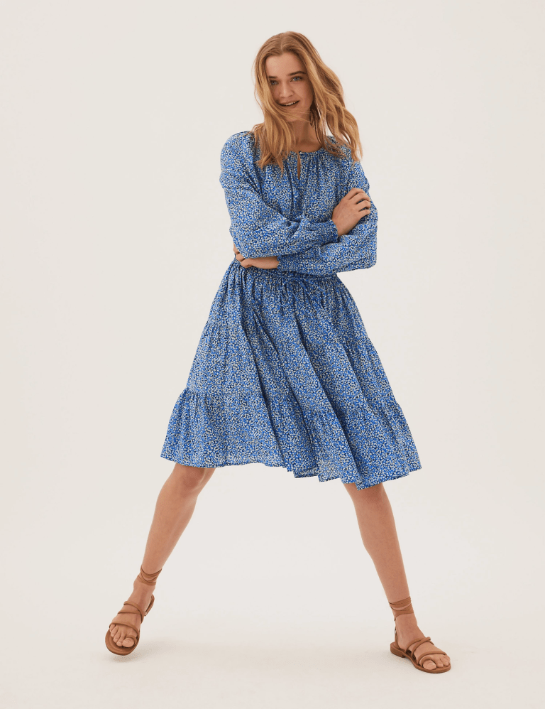 M&amp;S Pure Cotton Ditsy Floral Waisted Dress