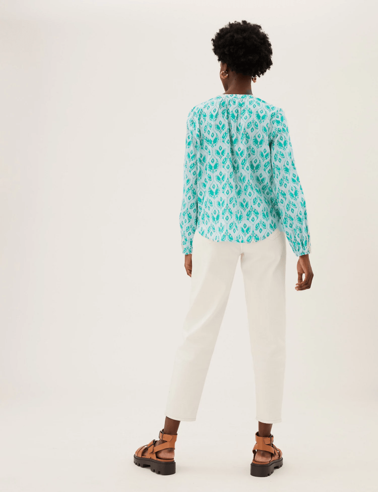 M&amp;S Pure Cotton Printed Regular Fit Blouse back view